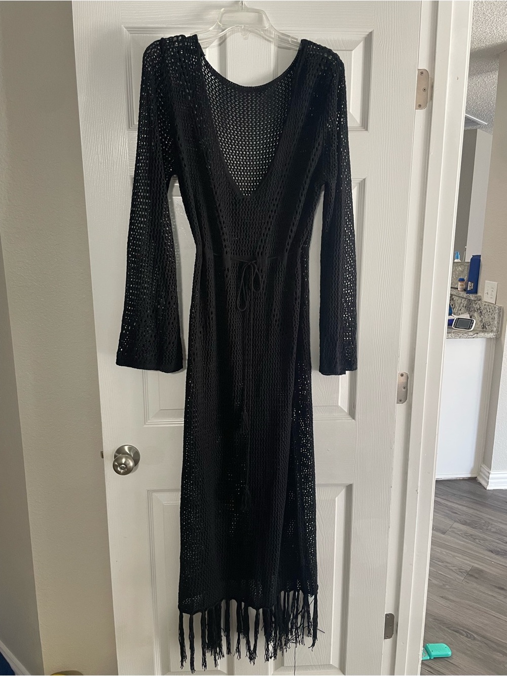 TA3 Black Crochet Long Sleeve Fringe cover up